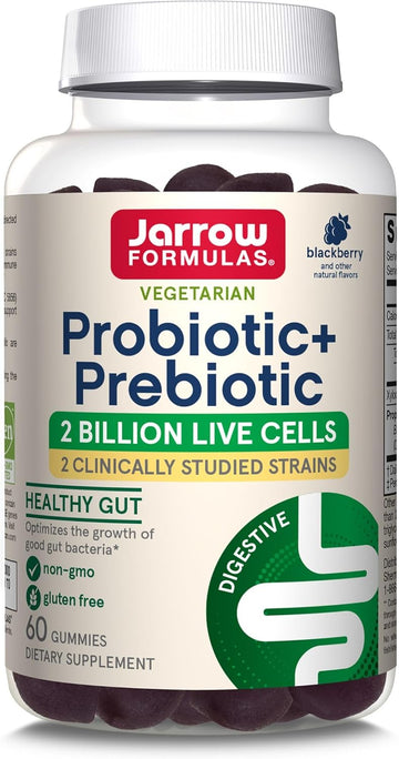 Jarrow Formulas Probiotic+ Prebiotic 2 Billion Live Cells Supplement, Digestive Health And Immune Support, 60 Blackberry Flavor Probiotic+ Prebiotic Gummies, 30 Day Supply