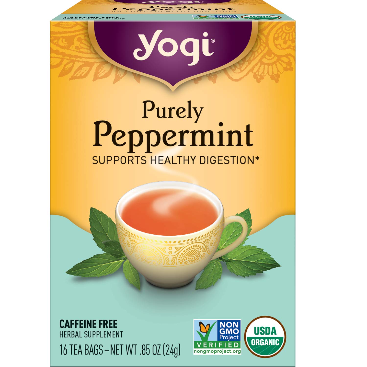 Yogi Tea Purely Peppermint Tea - 16 Tea Bags Per Pack (4 Packs) - Caffeine-Free, Organic Peppermint Tea Bags - Offers Digestive Support - Made From Organic Peppermint Leaves