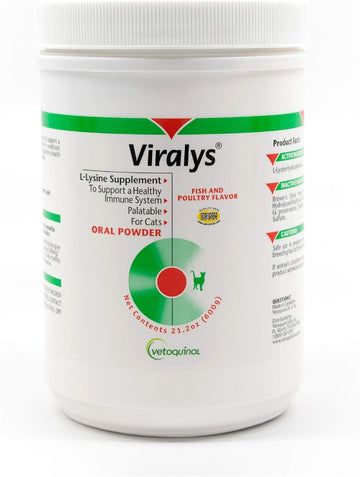 Vetoquinol Viralys L-Lysine Supplement for Cats, 21oz/600g - Cats & Kittens of All Ages - Immune Health - Sneezing, Runny Nose, Squinting, Watery Eyes - Palatable Fish & Poultry Flavored Lysine Powder