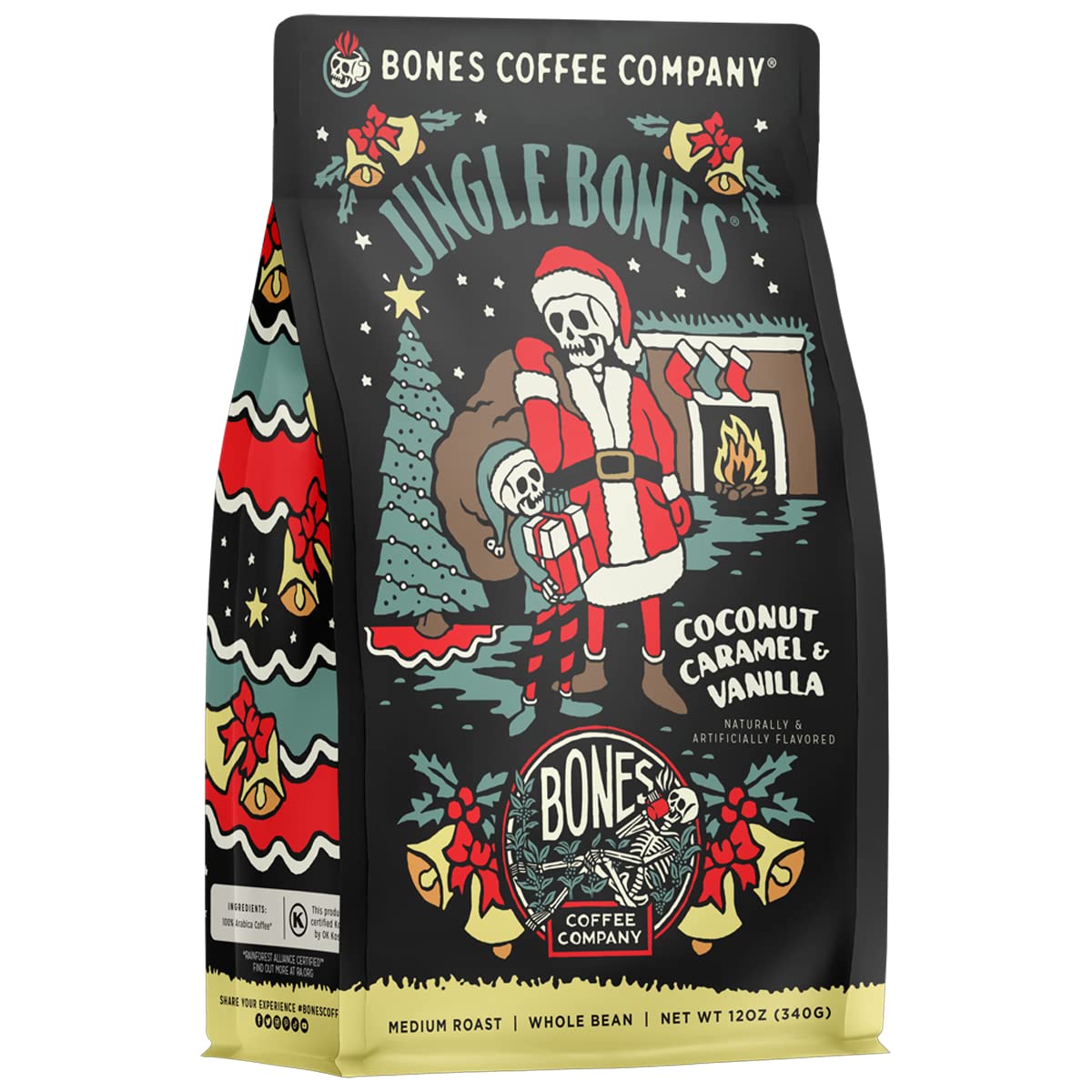 Bones Coffee Company Jingle Bones Whole Coffee Beans Caramel Vanilla & Coconut Flavor | 12 oz Flavored Coffee Gifts Low Acid Medium Roast Gourmet Coffee Beverages (Whole Bean)