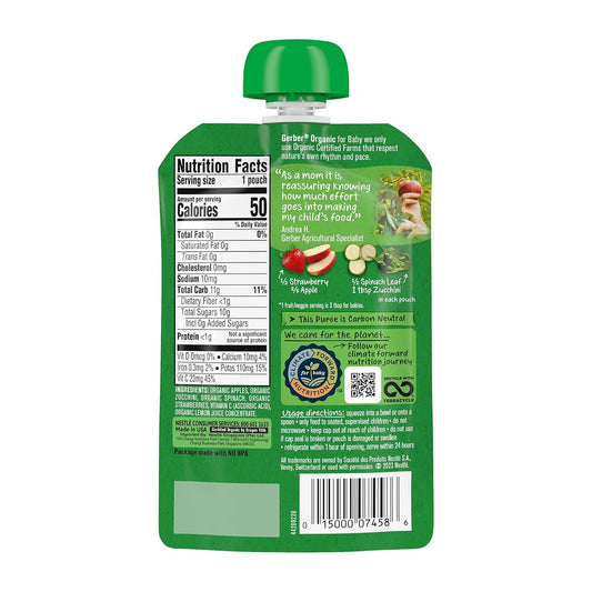 Gerber Organic Apple Zucchini Spinach Strawberry Baby Food, 3.5 Oz Pouch