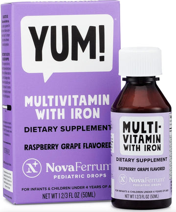 Novaferrum Yum | Multivitamin With Iron For Infants, Toddlers & Kids | Immune Support | Ages 4 & Under | Gluten Free Certified | Sugar Free | Raspberry Grape | 50 Servings
