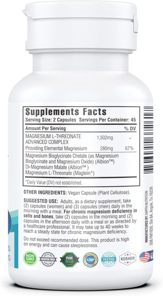 (90 Capsules), 2,253mg Per Serving, Providing 420mg Elemental Magnesium, L-Threonate, Bisglycinate Chelate, Malate, for Brain, Sleep, Stress, Cramps, Headaches, Energy, Heart from Kappa Nutrition