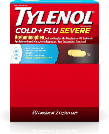 Tylenol Cold + Flu Severe Medicine Caplets For Cold, Flu, Fever & Cough Relief, 50 Pouches Of 2 Ct