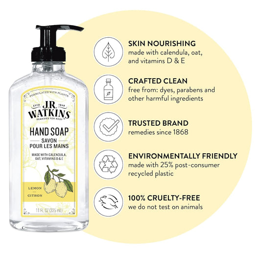 J.R. Watkins Liquid Hand Soap With Dispenser, Moisturizing Hand Soap, Alcohol-Free Hand Wash, Cruelty-Free, Usa Made Liquid Soap For Bathroom Or Kitchen, Lemon, 11 Fl Oz, 3 Pack