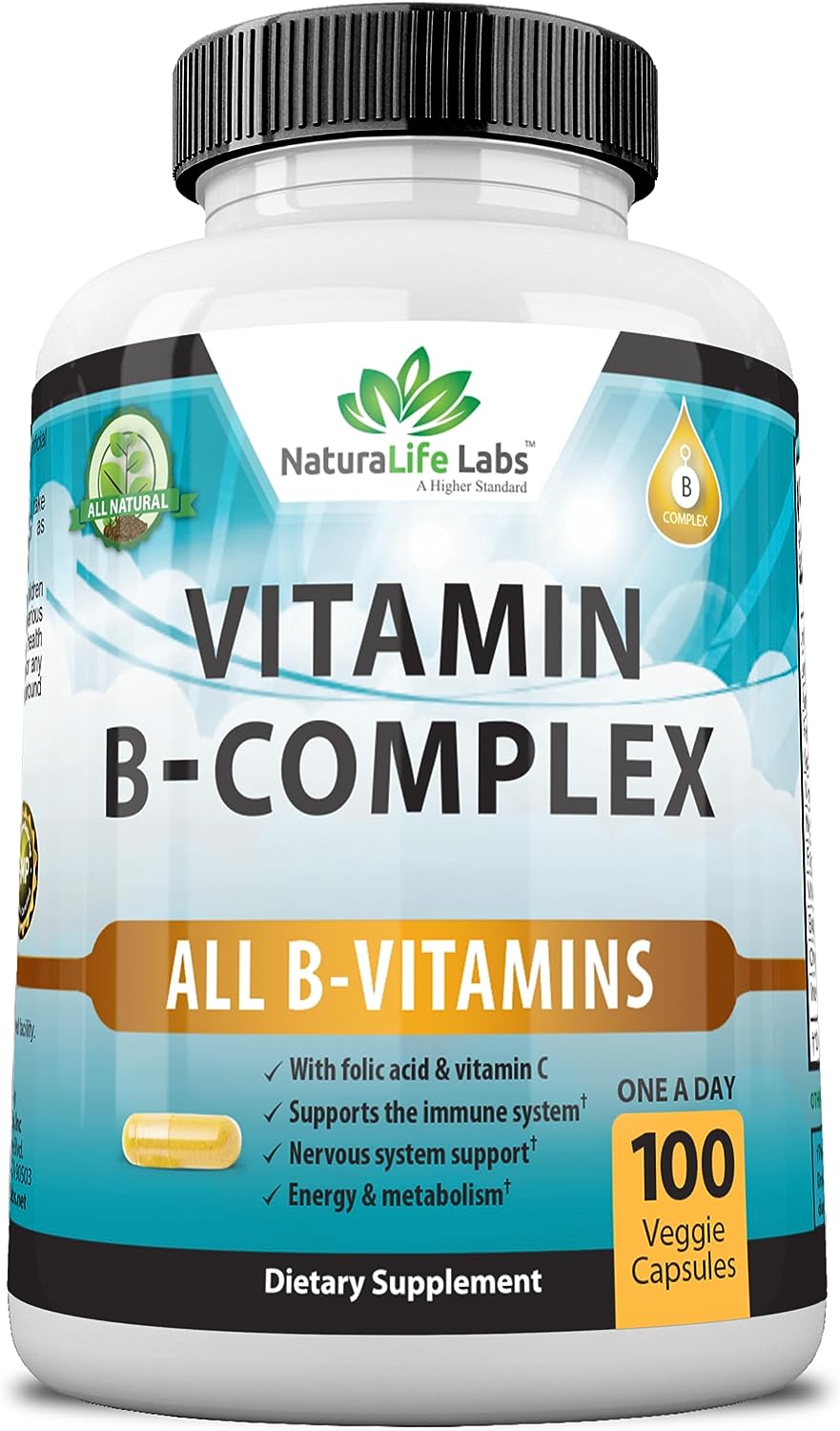 Vitamin B Complex with Vitamin C and Folic Acid - B12, B1, B2, B3, Vitamin B5 Pantothenic Acid, B6, B7, B9 - Nervous System Support 100 Veggie Capsules