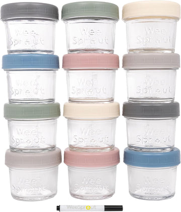 WeeSprout Glass Baby Food Storage Jars w/Lids (4 oz, 12 Pack Set) Snack, Puree, Reusable Small Containers, Breast Milk, Fridge or Freezer, Microwave & Dishwasher Safe, Essential Must Have for Infants