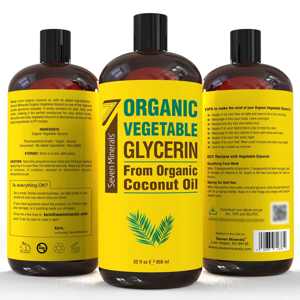 Seven Minerals, Organic Vegetable Glycerin - Big 32 fl oz Bottle - No Palm Oil, Made with Organic Coconut Oil - Therapeutical Grade Glycerine for DIYs - Hair, Nails & Skin Moisturizer - Non-Gmo : Beauty & Personal Care