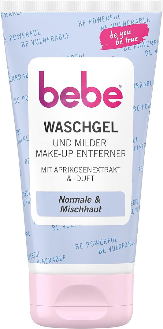 bebe Wash Gel & Mild Eye Makeup Remover (150 ml), Fruity Scented Facial Cleanser with Apricot Extract for Normal Skin & Combination Skin