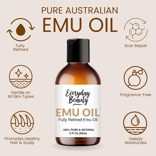 Pure Australian Emu Oil - All Natural 6X Refined For Face, Skin And Hair - Highly Effective Hydration For Sensitive Skin And Hair Growth - Perfect For Scars And Blemishes - 2 Fl Oz