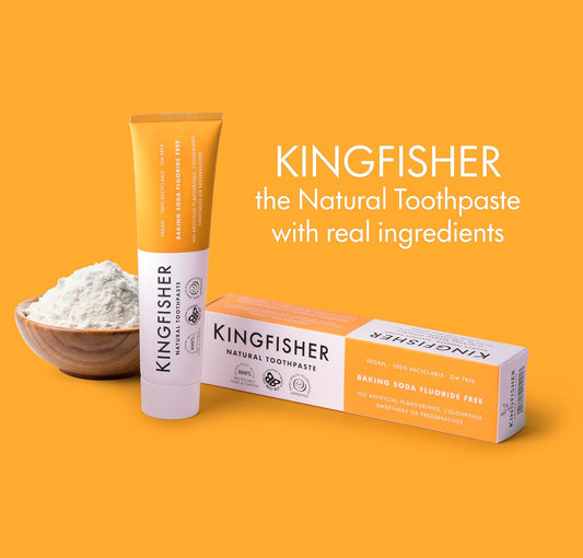 Kingfisher Natural Toothpaste Baking Soda Mint Fluoride-Free | Vegetarians And Vegan | Oral Health Foundation Approved | Gluten-Free And Gm-Free | Ethical Consumer Best Buy | 1 X 100Ml Tube