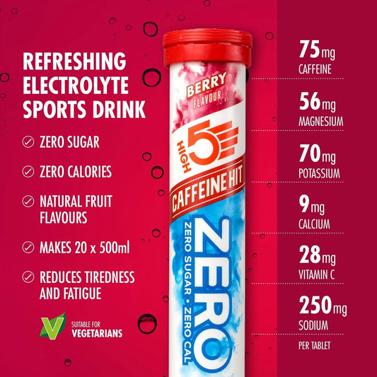 HIGH5 ZERO Caffeine Hit ElectrolyteTablets, Hydration Tablets Enhanced with Vitamin C, 0 Calories & Sugar Free, Boost Hydration, Performance & Wellness, Berry, 160 Tablets (20x, Pack of 8)