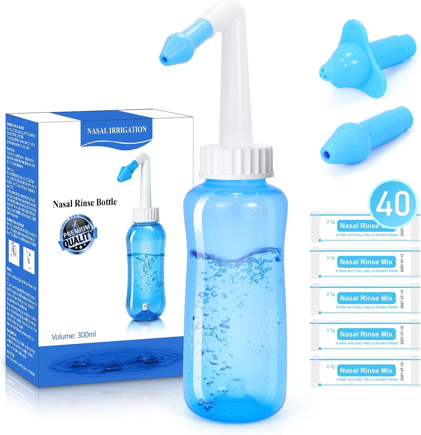 Netty Bottle Sinus Rinse Kit, Nasal Irrigation System For Adults & Kids, 300Ml Neti Pot Sinus Rinse Bottle With 40 Neti Pot Saline Packets, Nose Cleaner Effective Nasal Cleaner & Flush