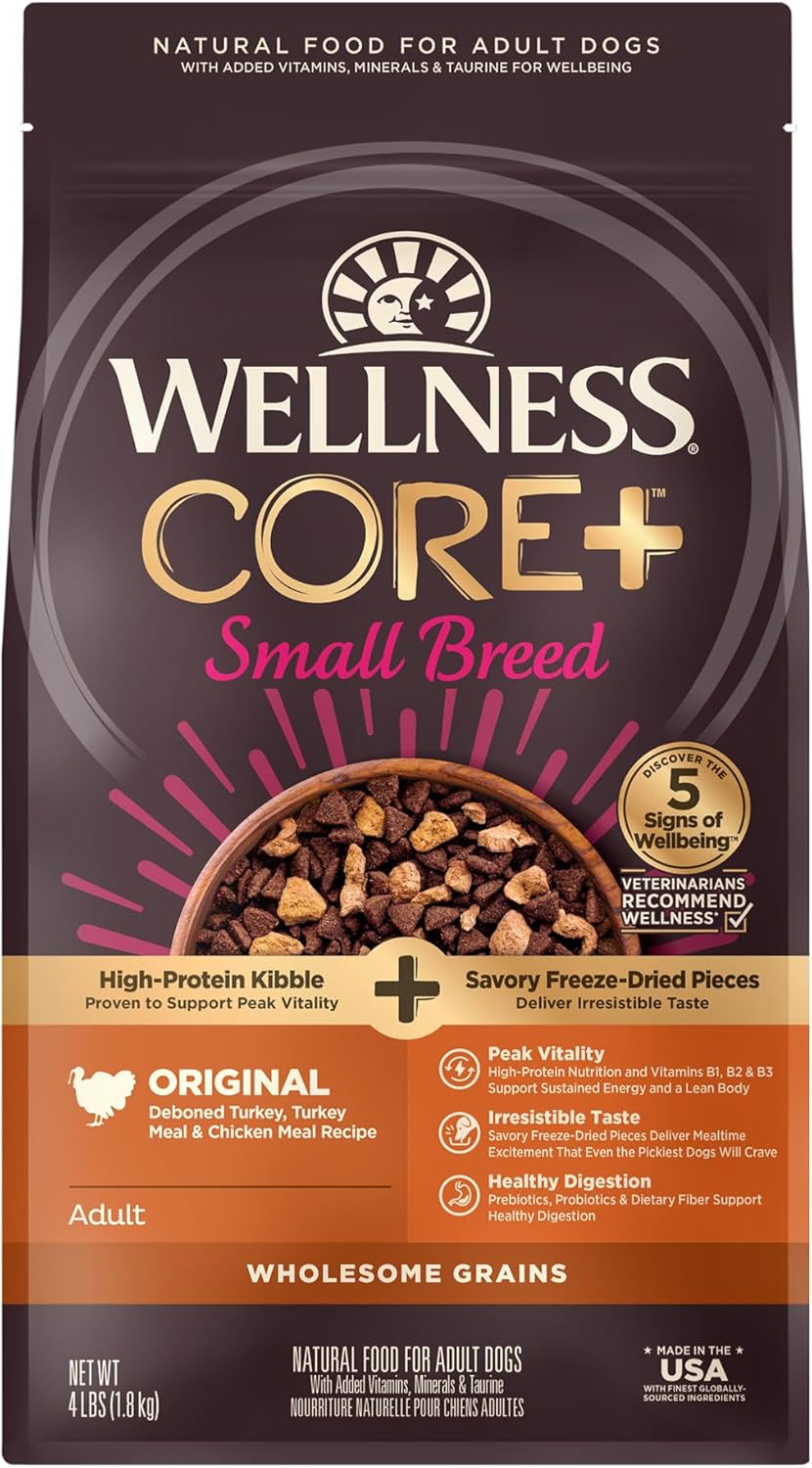 Wellness Core+ (Formerly Rawrev) Grained Dry Dog Food, Small Breed Original Turkey & Chicken With Freeze Dried Turkey Recipe, 4 Pound Bag