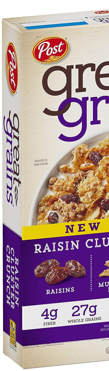 Post Great Grains Raisins Cluster Crunch Breakfast Cereal, Non GMO Project Verified, Heart Healthy, Low Fat, Whole Grain Cereal 16.5 Ounce Box (Pack of 12)