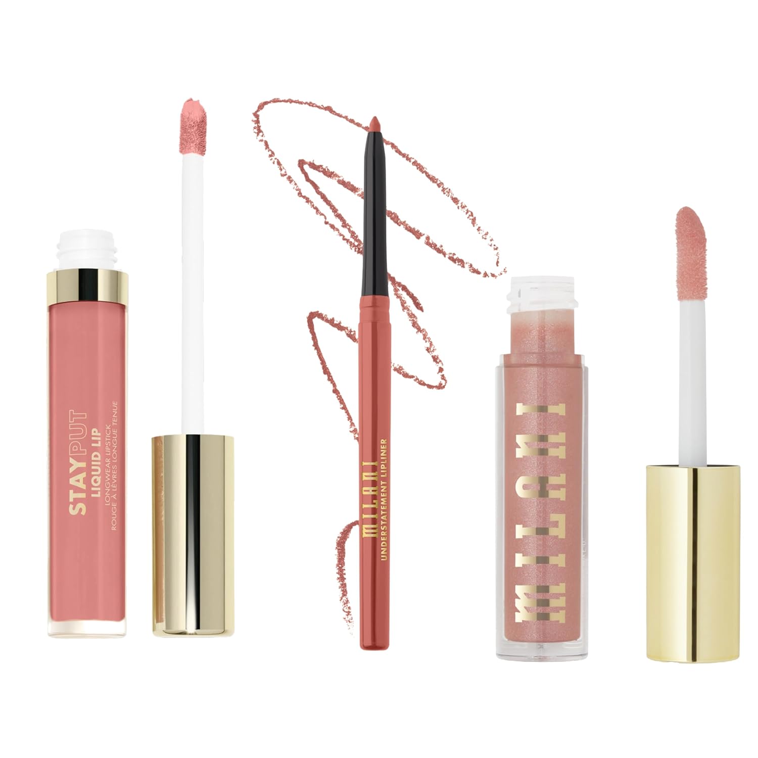 Milani Stay Put Longwear Liquid Lipstick The Moment + Understatement Lipliner Pencil - Highly Pigmented Retractable Soft Lip Liner Pencil + Keep It Full Nourishing Lip Plumper - Prismatic Peach