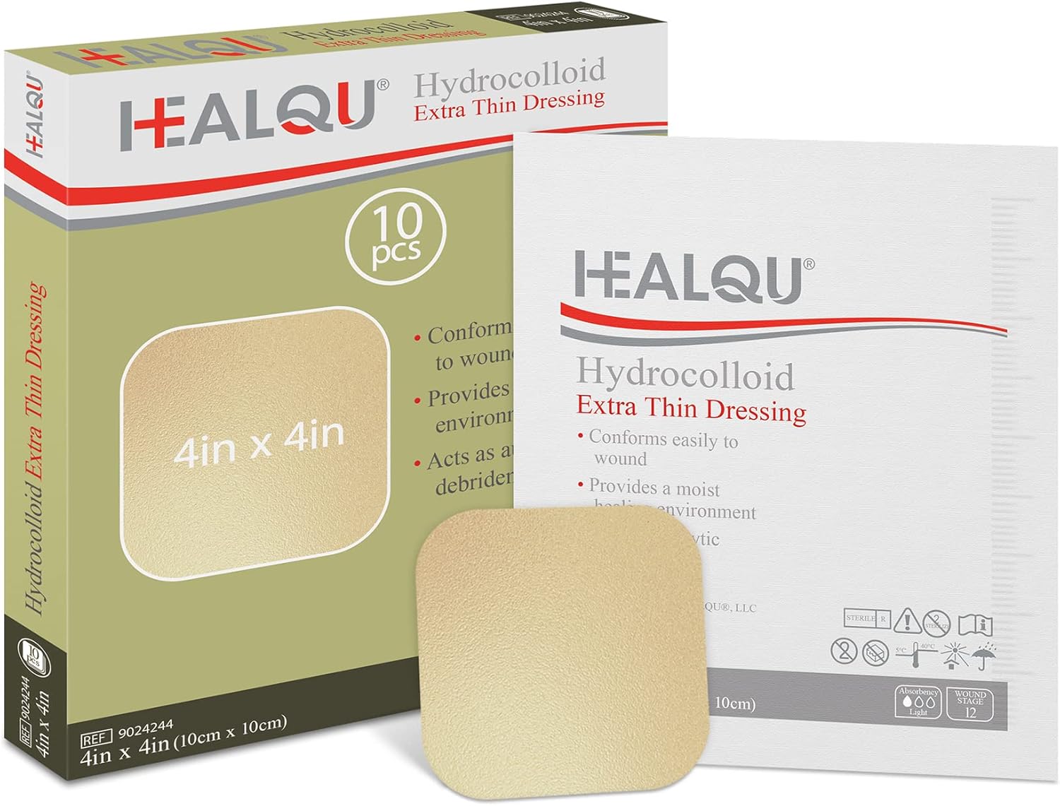 Healqu Hydrocolloid Wound Dressing - 4X4" Thin - Box Of 10 Large Bandages - Sterilized Bordered Hydrocolloid Patches For Bed Sores, Abrasions, And More - Waterproof And Absorbent With Protective