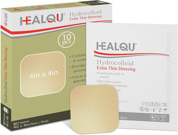 Healqu Hydrocolloid Wound Dressing - 4X4" Thin - Box Of 10 Large Bandages - Sterilized Bordered Hydrocolloid Patches For Bed Sores, Abrasions, And More - Waterproof And Absorbent With Protective