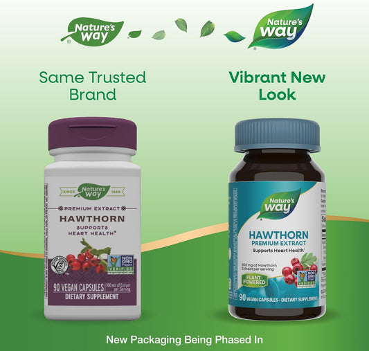 Nature's Way Hawthorn, Premium Extract, Support Heart Health*, Standardized to 1.8% Flavonoids, Non-GMO Project Verified, Vegan, 90 Capsules (Packaging May Vary)
