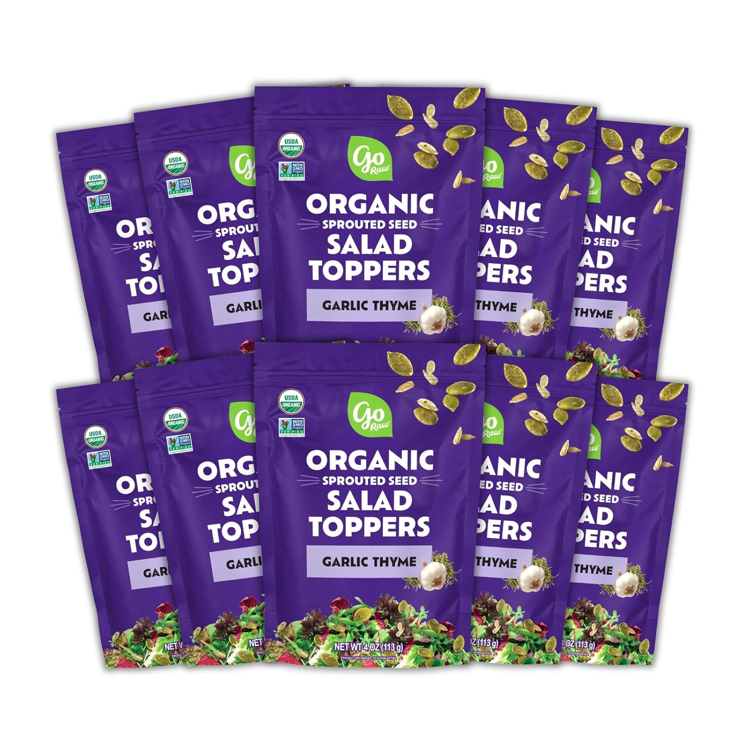 Go Raw Organic Sprouted Garlic Thyme Salad Toppers, 4 Oz, 10 Pack, Pumpkin & Sunflower Seeds, Keto, Kosher