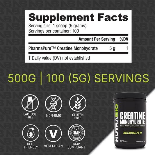 NutraBio Creatine Monohydrate - Micronized Pure Grade - Supports Muscle Energy and Strength - Unflavored, HPLC Tested (500 Grams)