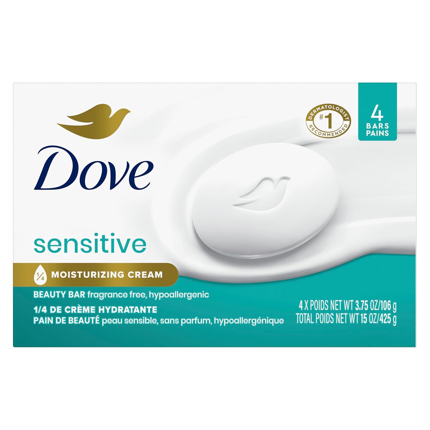 Dove Beauty Bar Soap Sensitive, 24 Bars For Sensitive Skin, Fragrance Free And Hypoallergenic 3.75 Oz