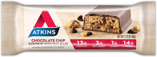 Atkins Chocolate Chip Cookie Dough Protein Meal Bar, High Fiber, 1g Sugar, 3g Net Carbs, Meal Replacement, 30 Count