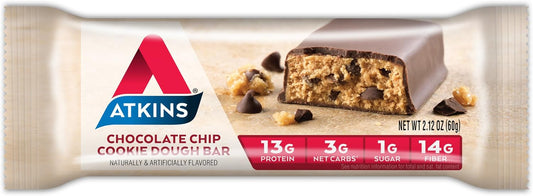 Atkins Chocolate Chip Cookie Dough Protein Meal Bar, High Fiber, 1G Sugar, 3G Net Carbs, Meal Replacement, 30 Count