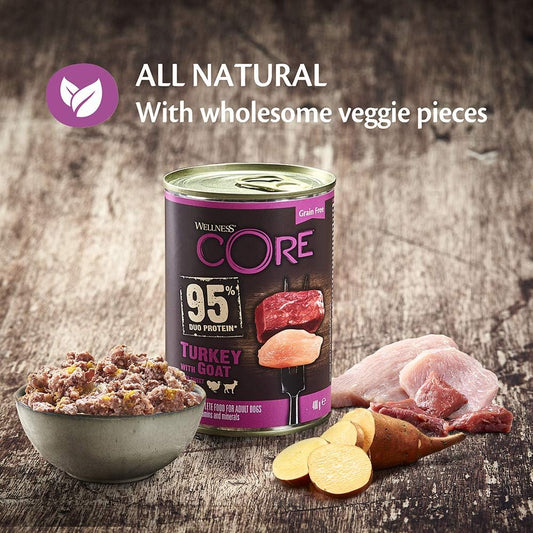 Wellness CORE 95 percentage Turkey and Goat, Wet Dog Food, Grain Free Wet Dog Food, High Meat Content, Turkey and Goat, 6 x 400 g?10858