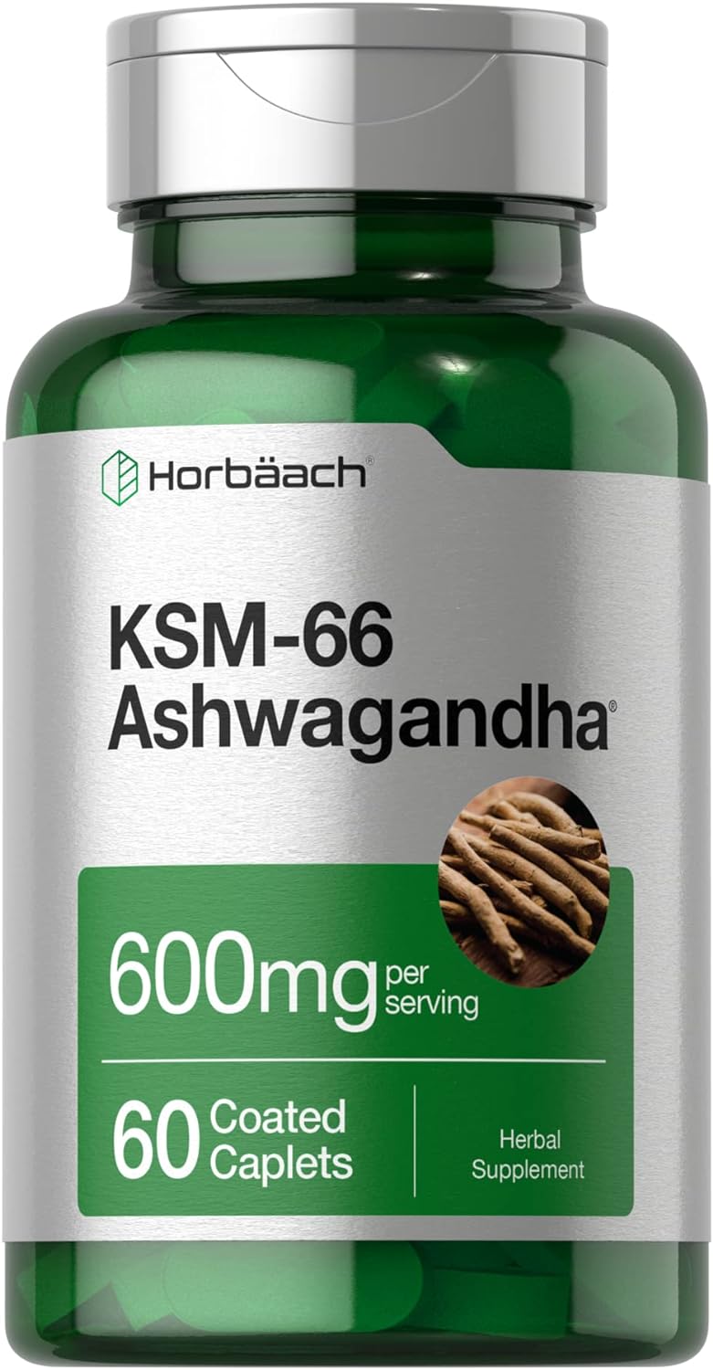 Horbaach KSM-66 Ashwagandha 600mg | 60 Caplets | with L-Theanine | Vegan, Non-GMO, Gluten Free Root Extract