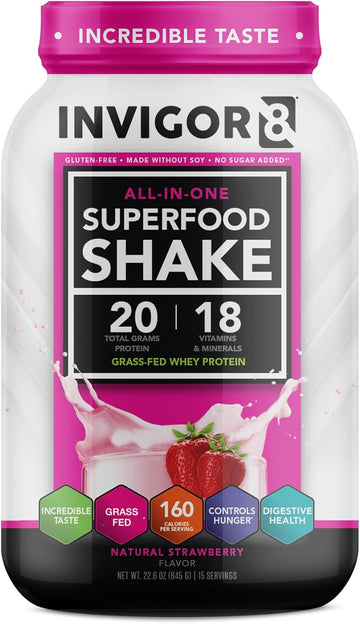 Invigor8 Superfood Grass Fed Whey Protein Isolate Shake Natural Strawberry Gluten-Free And Non Gmo Meal Replacement With Probiotics And Omega 3 (645G)