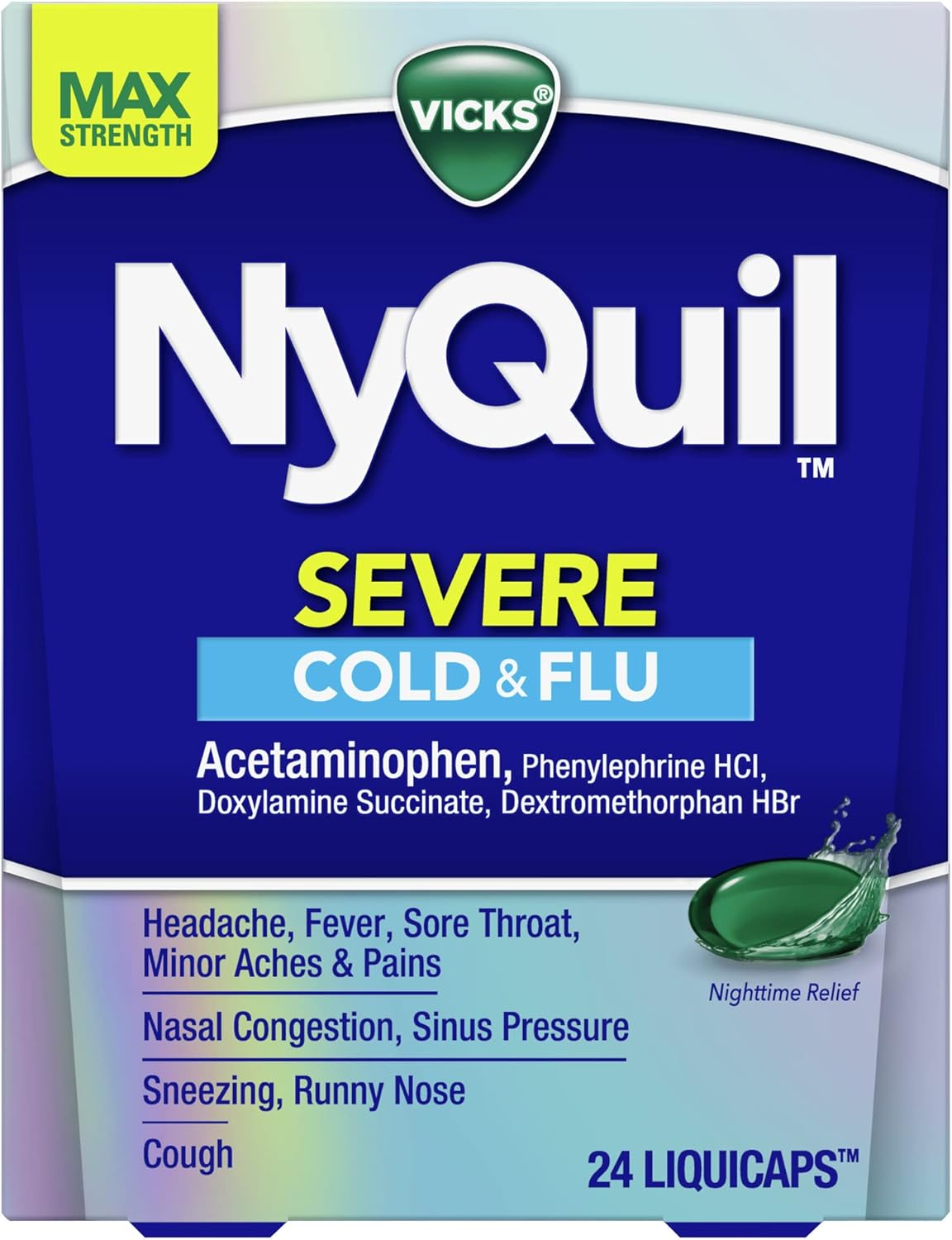 Vicks Nyquil Severe Cold, Flu, & Congestion Medicine, 24 Liquicaps, Maximum Strength, 24Count