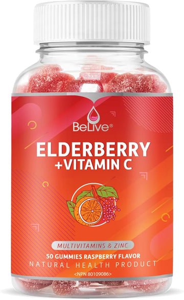 BeLive Elderberry Gummies with Vitamin C, Propolis, Echinacea. Max Strength 200MG - Sambucus Black Elder Immune Support Vitamins Supplement Made for Adults & Kids | Raspberry Flavored. 50 Count