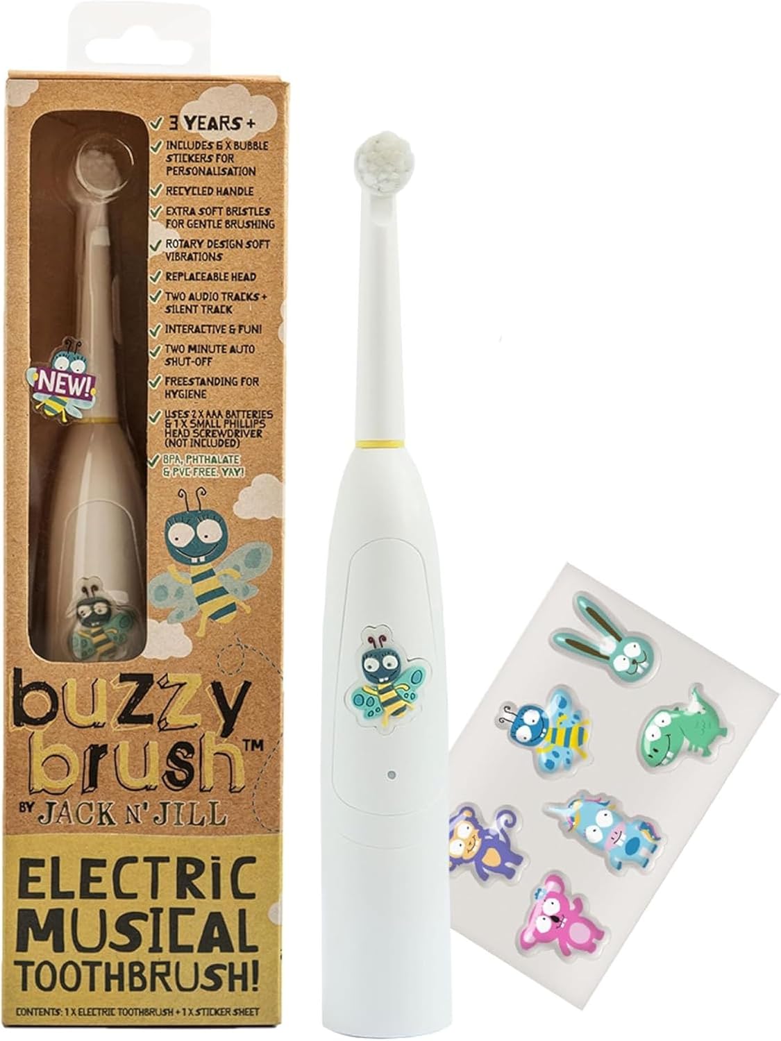 Jack N' Jill Kids Buzzy Brush Electric Musical Toothbrush - Kids Electric Toothbrush Age 3 And Up, Singing Toothbrush, Tri Color Led, Water Resistant, Child Safe, Battery Operated, Pack Of 1