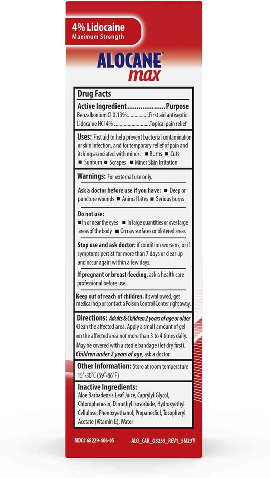 Alocane Max Emergency Burn Gel, 4% Lidocaine Hydrochloride, .13% Benzalkonium Chloride, Maximum Strength Relief, Itch Relief, For Sunburns, Kitchen, Radiation, Chemical, First-Degree Burns, 4 Fl Oz
