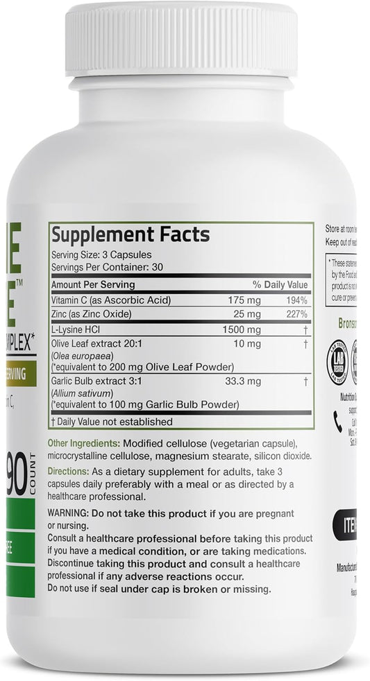 Bronson L-Lysine Defense Immune Support Complex 1500 Mg L-Lysine Plus Olive Leaf, Garlic, Vitamin C And Zinc - Non-Gmo, 90 Vegetarian Capsules