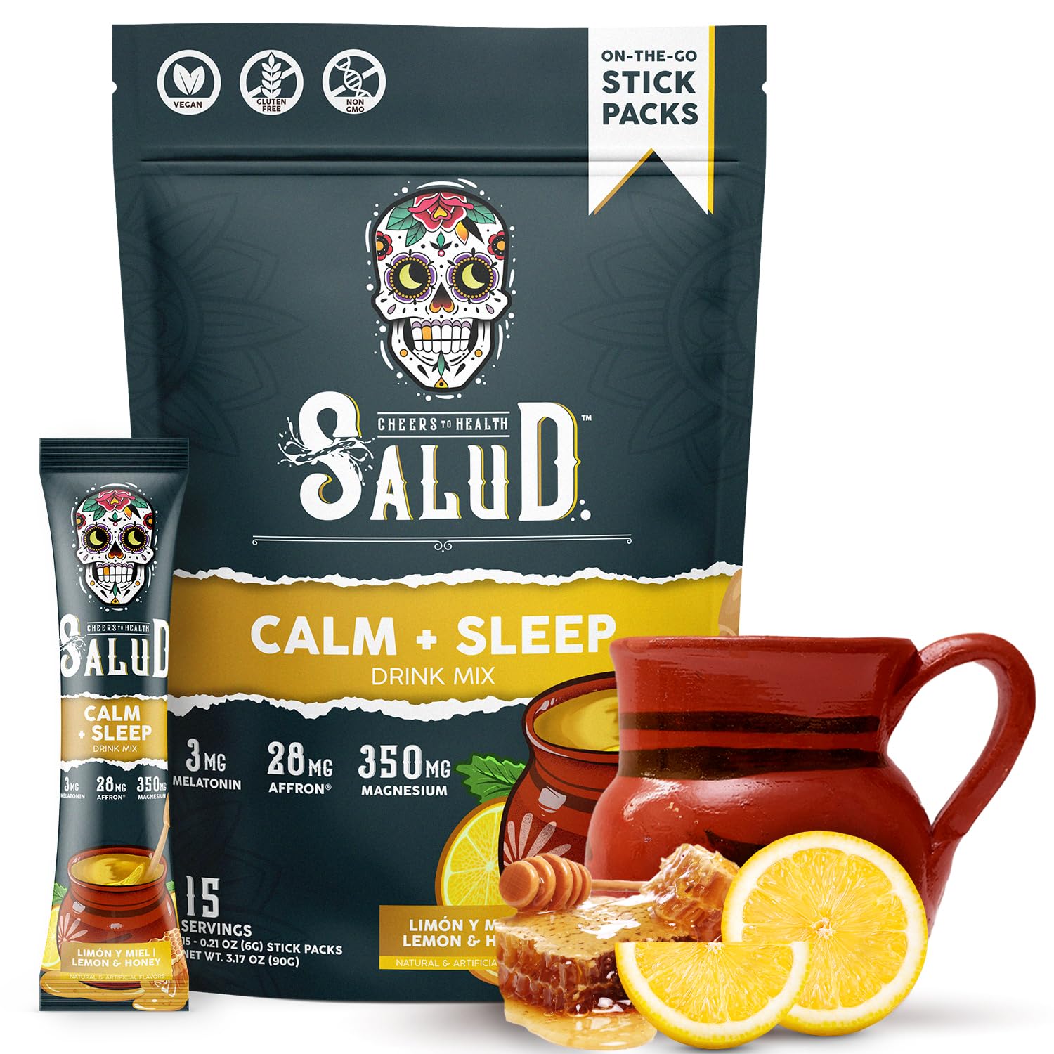 Salud 2-In-1 Sleep Aid + Calm Drink Mix, Lemon Honey Flavor, Melatonin, Magnesium, Saffron Extract, L-Theanine, Non-Gmo, Gluten Free, Vegan, Low Calorie, 1G Of Sugar (15 Servings)