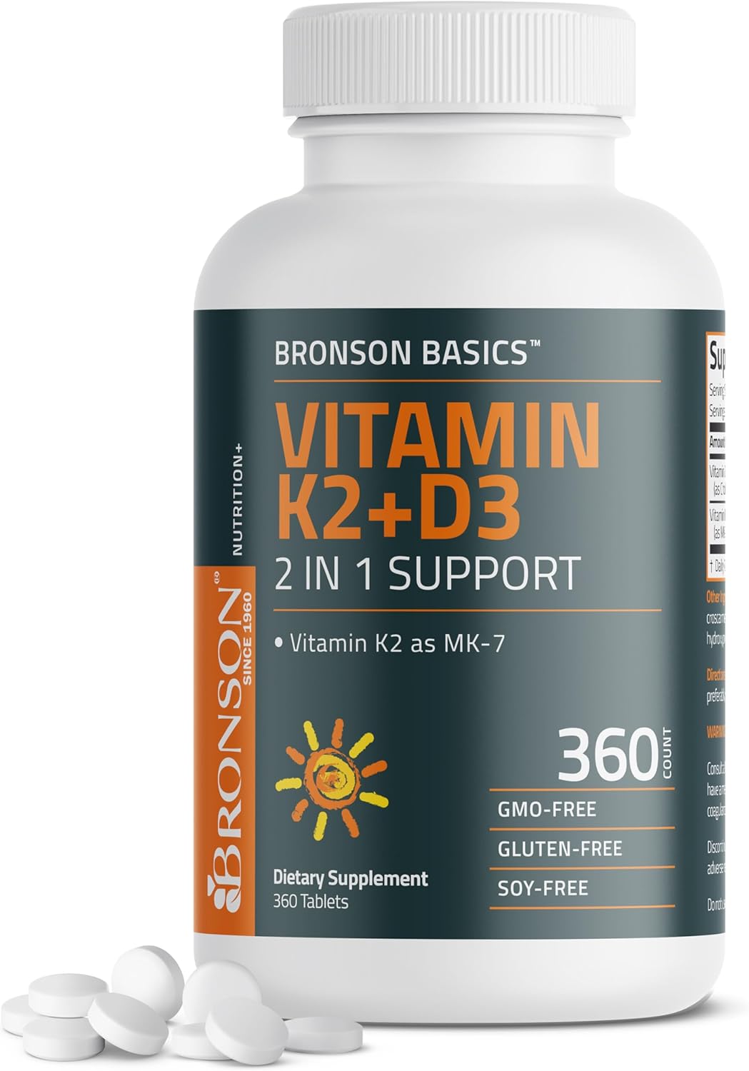 Bronson Basics Vitamin K2 D3 (Mk7) Supplement Non-Gmo Formula 5000Iu (125 Mcg) Vitamin D3 & 90 Mcg Vitamin K2 Mk-7 Easy To Swallow Vitamin D & K Complex, 360 Tablets