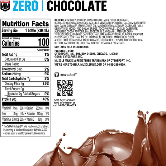 Muscle Milk Zero Protein Shake, Chocolate,20G Protein, Zero Sugar, 100 Calories, Calcium, Vitamins A, C & D, 4G Fiber, Energizing Snack, Workout Recovery, Packaging May Vary,11.16 Fl Oz (Pack Of 12)