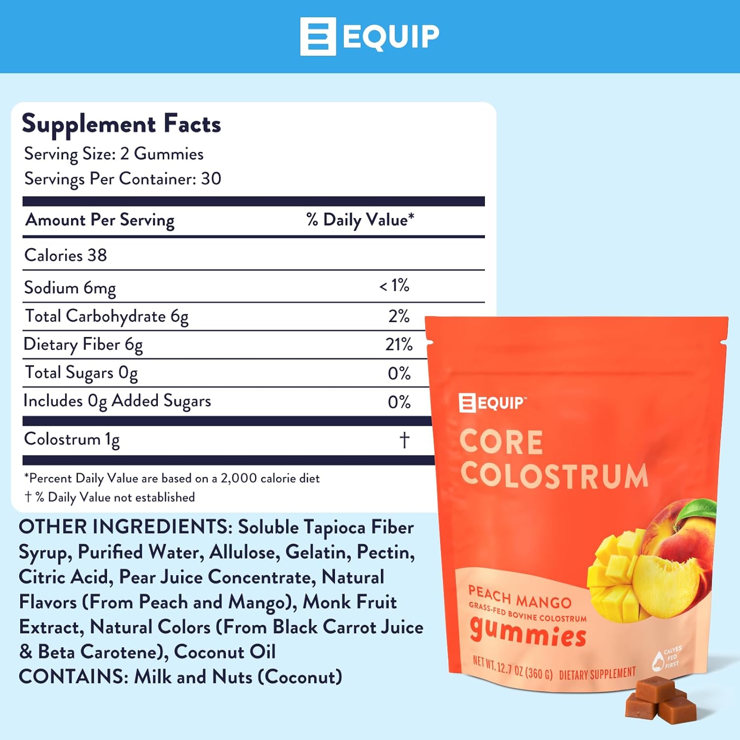 Equip Foods Core Colostrum Gummies - Delicious and Convenient - 1g Ultra-Premium Grass Fed Colostrum Per Serving - Gut Health, Immunity, Hair and Skin - 60 Gummies (Pack of 1, Peach Mango) : Health & Household