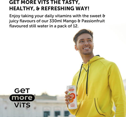 Get More Vits Flavoured Water - Sparkling Mango & Passionfruit With Vitamin D & Calcium - Low Calorie, Sugar Free, & Vegetarian Spring Water For Adults & Kids - 330Ml Cans, Pack Of 12