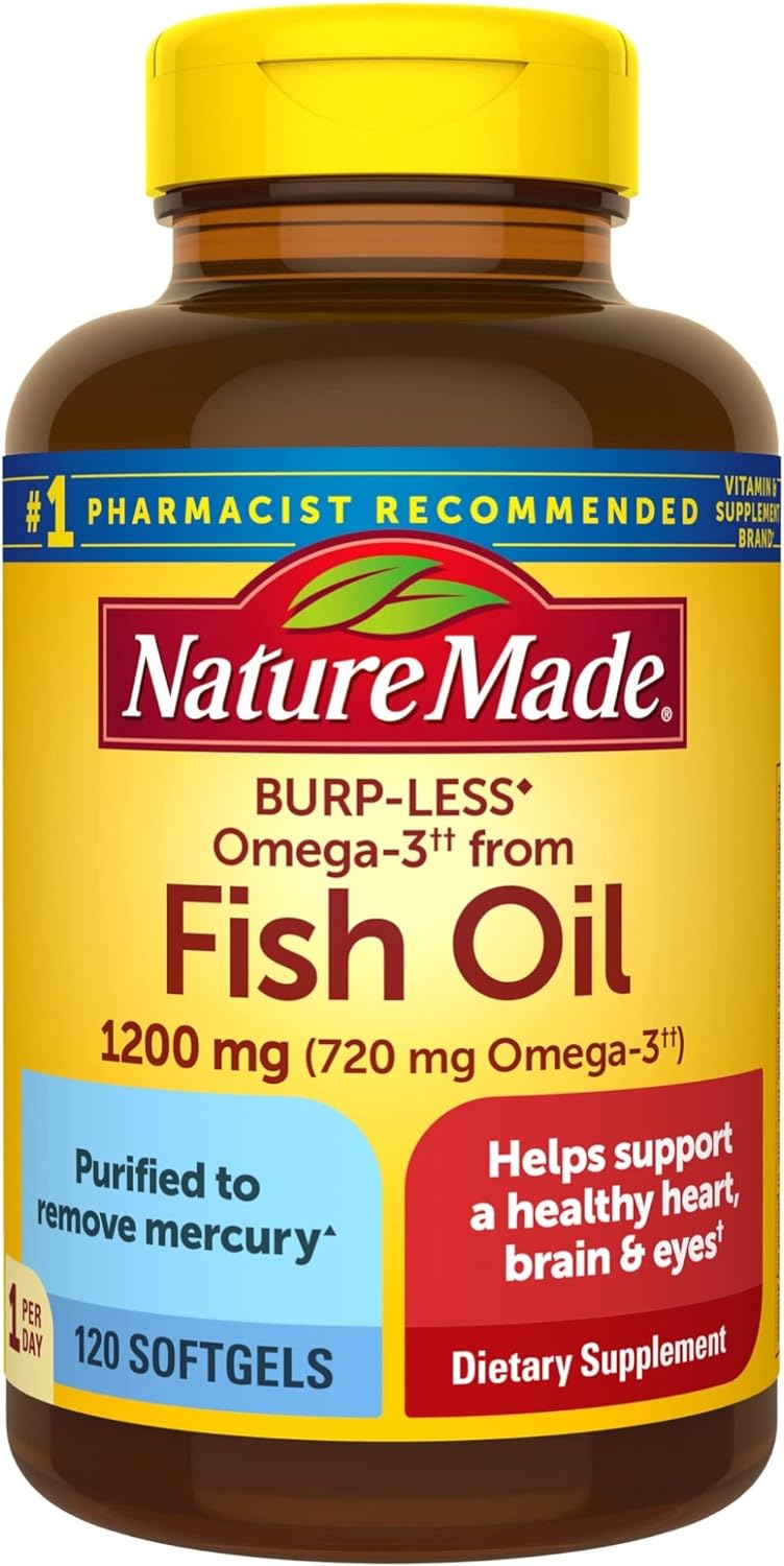 Nature Made Burp Less Omega 3 Fish Oil 1200 mg, Fish Oil Supplements as Ethyl Esters, Omega 3 Fish Oil for Healthy Heart, Brain and Eyes Support, One Per Day, Omega 3 Supplement with 120 Softgels