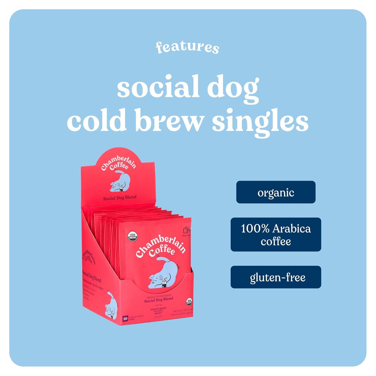 Chamberlain Coffee Social Dog Blend Cold Brew Singles - Full Bodied, Medium Roast Organic Coffee Single Serve Bags With Notes Of Sweet Milk Chocolate, Roasted Peanuts, Velvety Brown Sugar & Graham