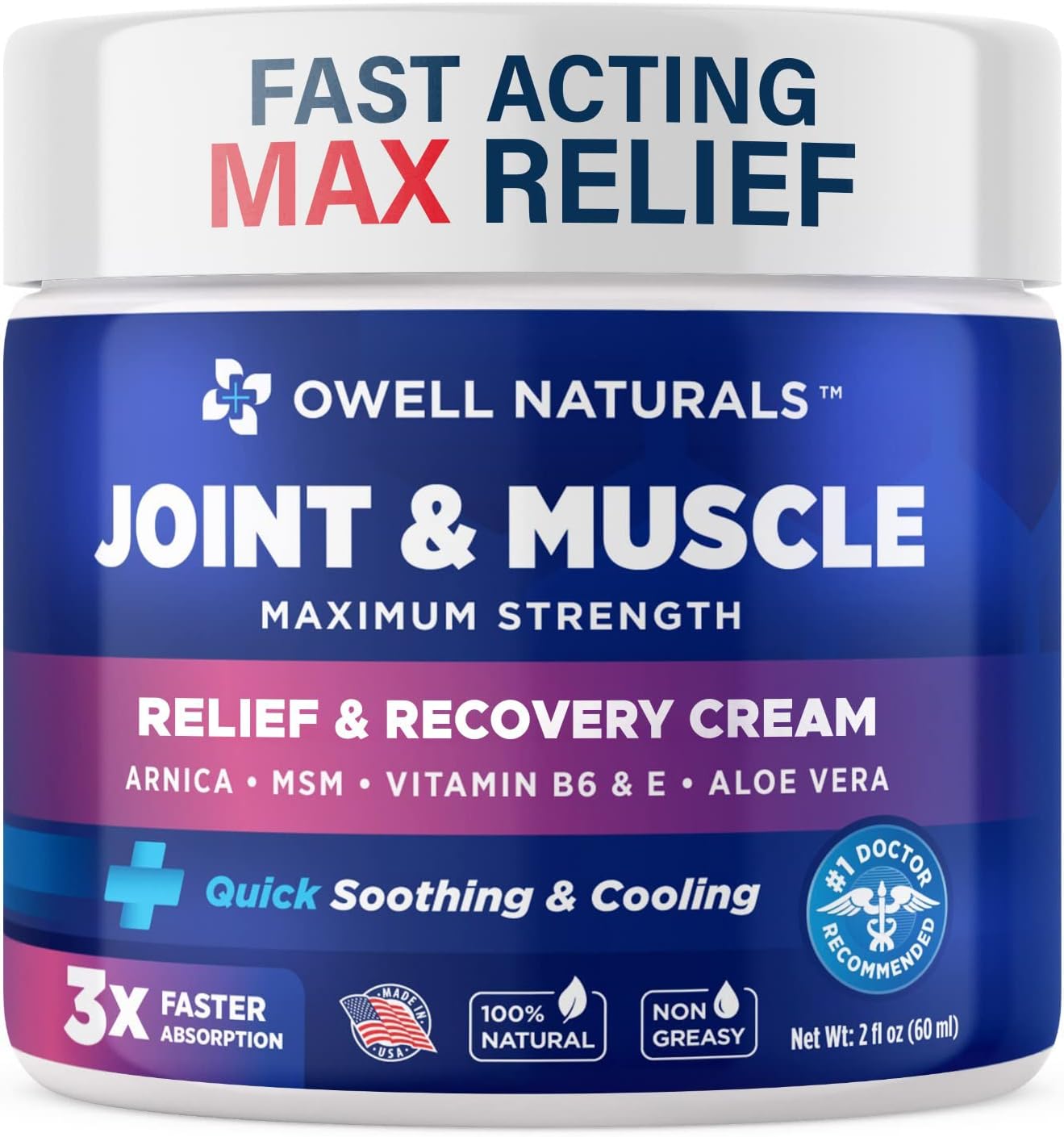 OWELL NATURALS Joint & Muscle Therapy Cream - All-Natural- Maximum Strength Relief & Recovery for Back, Neck, Hands, Feet, Shoulder - Fast-Acting, Non-Greasy, Made in USA
