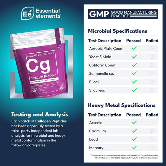 Essential Elements Hydrolyzed Collagen Peptides Powder - Supplement For Joint, Skin, Hair, & Nail Support Types I Iii Non-Gmo, Hormone-Free, Grass-Fed 41 Servings
