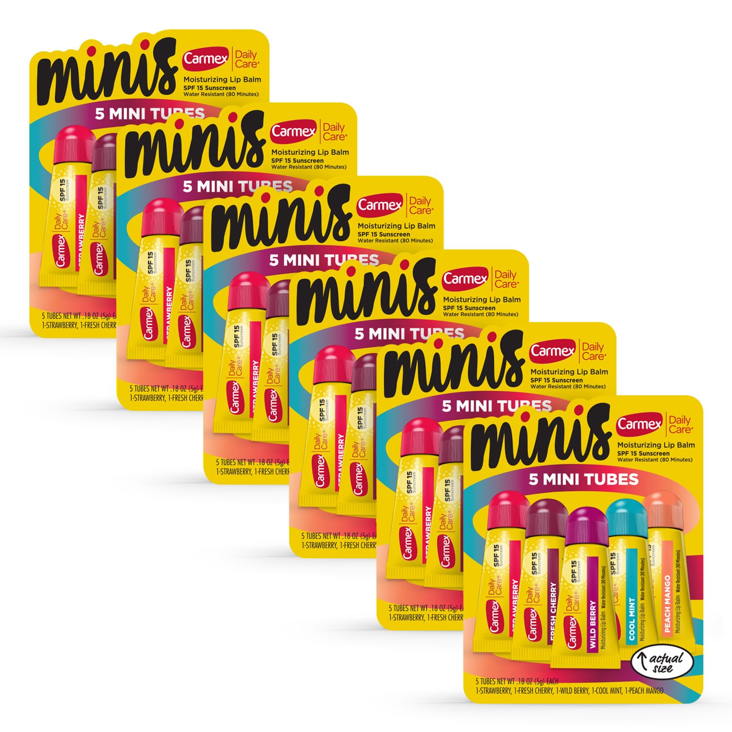 Carmex Daily Care Minis Moisturizing Lip Balm Tubes, Spf 15, Multi-Flavor Lip Balm Pack, 30 Count (6 Packs Of 5)