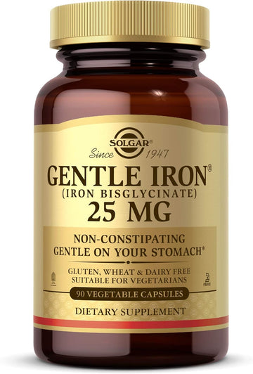 Solgar Gentle Iron 25Mg, 90 Vegetable Capsules - Energy, Normal Red Blood Cell Production - Gentle On The Stomach - Non-Gmo, Vegan, Gluten Free, Dairy Free, Kosher, Halal - 90 Servings