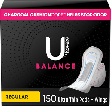 U By Kotex Balance Ultra Thin Pads With Wings, Regular Absorbency, 150 Count (3 Packs Of 50) (Packaging May Vary)