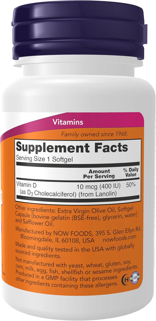 Now Supplements, Vitamin D-3 400 Iu, Strong Bones*, Structural Support*, 180 Softgels