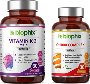 Biophix Vitamin K2 Mk-7-100 Mcg 60 - Free Vitamin C-1000 30 Tablets - Supports Strong Bones Immune Health